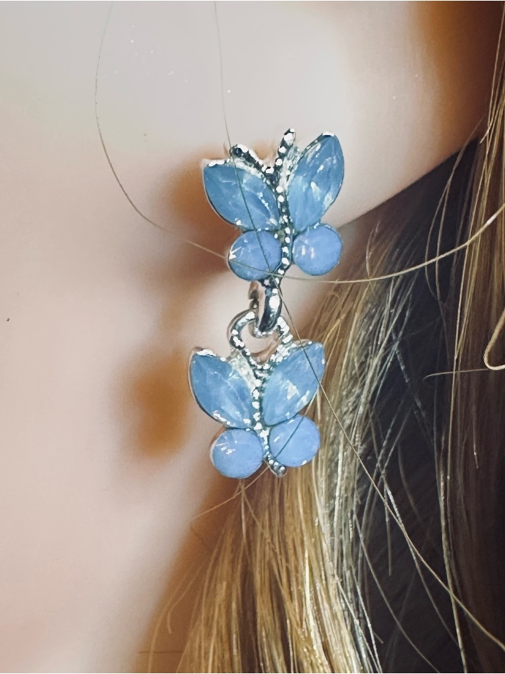 Blue Butterfly Dangle Earrings Silver Tone Double Butterfly Statement